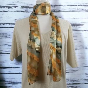 Orange Cream Floral Striped Oblong Scarf Shawl Wrap 61" x 13" Korea